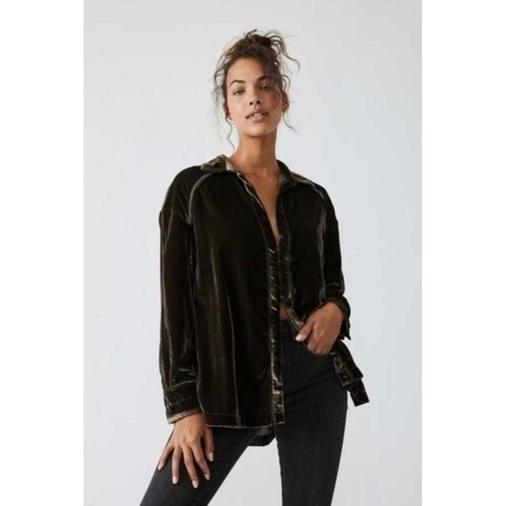 Free People Velvet Button-Down Shirt in Dark Brown